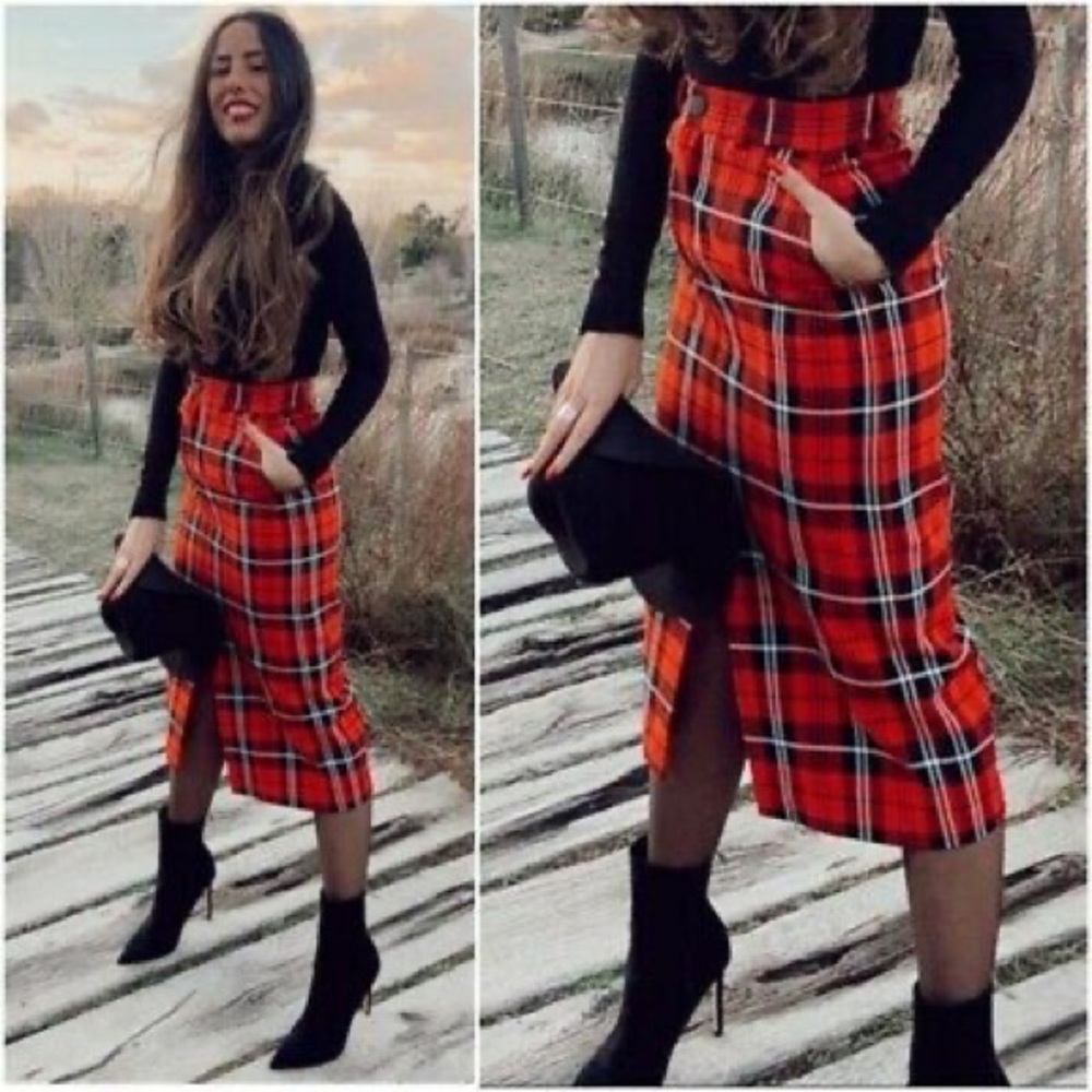 Zara Red Plaid Midi Skirt